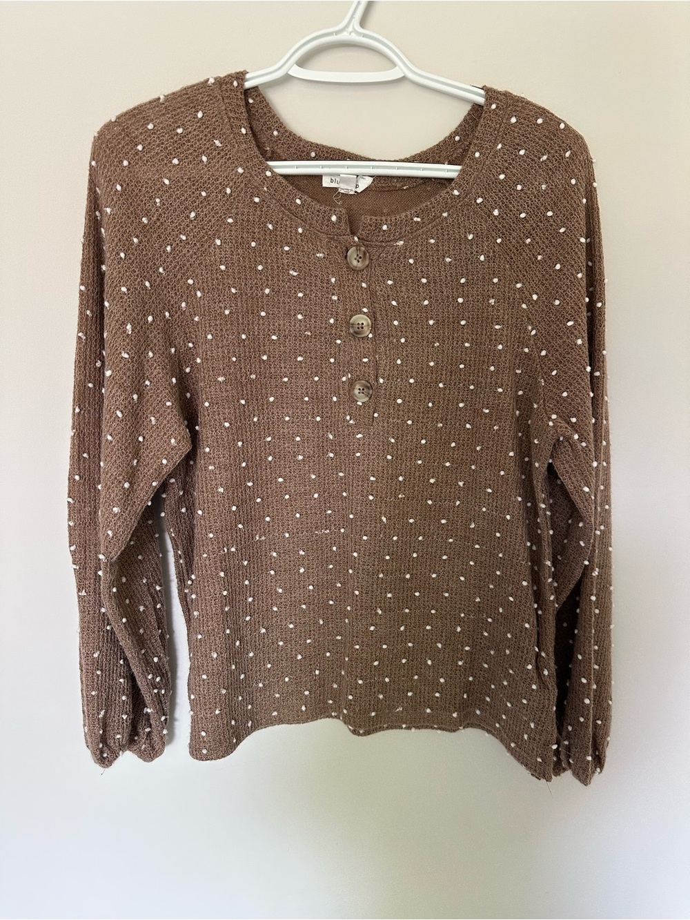 Blu Pepper Brown Knit Henley Top with White Dot Accents